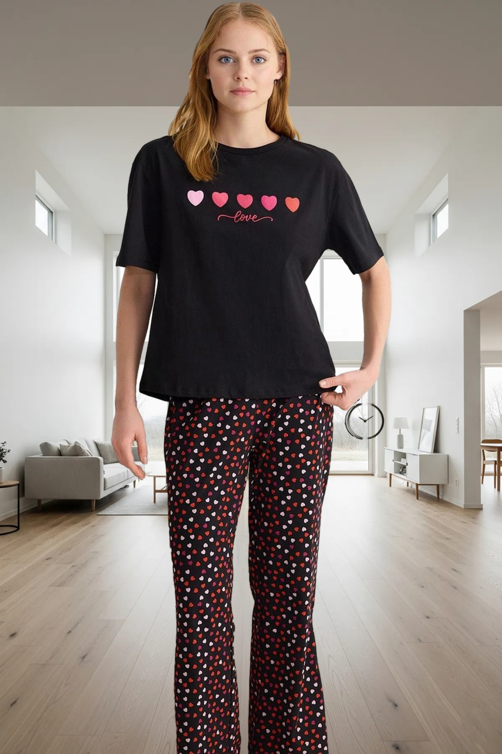 Pamuklu Pijama Takımı Kalpli Desenli Regular Kalıp Zarifane Tasarım Şık Görünüm