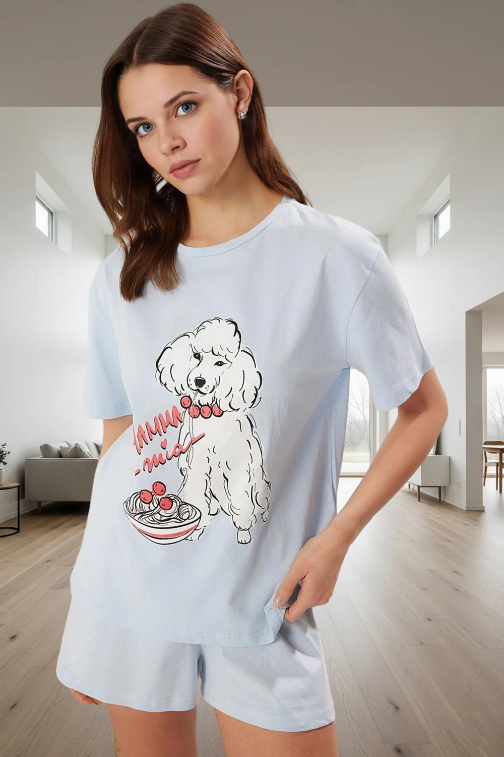 Yazlık %100 Pamuk Pijama Takımı Köpek Desenli Rahat ve Şık Zarifane Tasarım Mükemmel Uyum