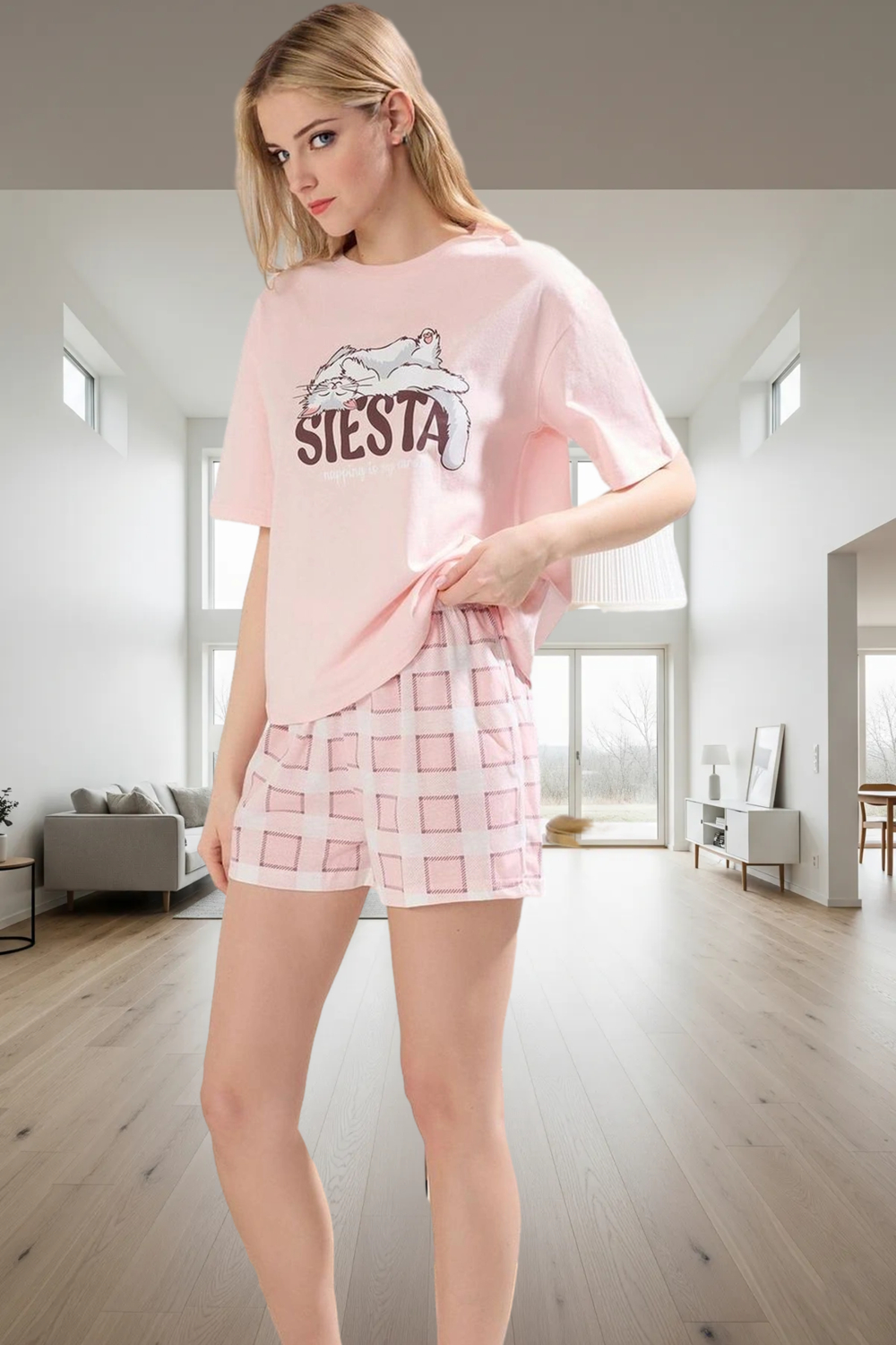 Yazlık Pamuklu Ekose Kedi Baskılı Rahat Pijama Takımı Şık Görünüm Özel Tasarım Profesyonel