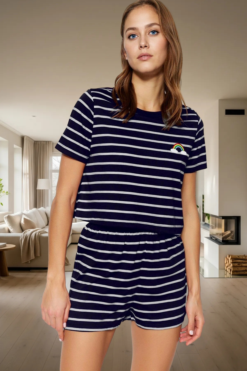 Rahat Viskoz Pijama Takımı Gökkuşağı Detaylı Kısa Kollu Çizgili Dayanıklı Malzeme Mükemmel Uyum