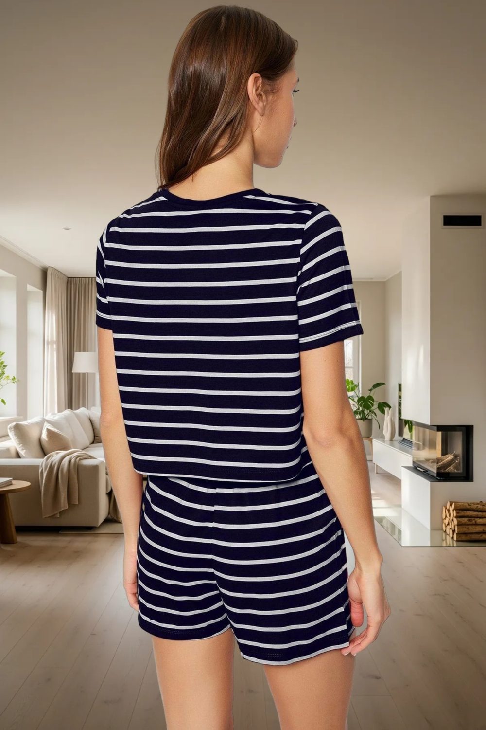 Rahat Viskoz Pijama Takımı Gökkuşağı Detaylı Kısa Kollu Çizgili Dayanıklı Malzeme Mükemmel Uyum