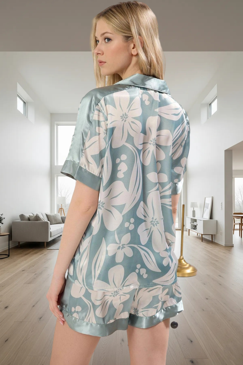 Saten Dokuma Pijama Takımı Çiçek Desenli Rahat Kalıp Günlük Kullanım İçin Şık Görünüm
