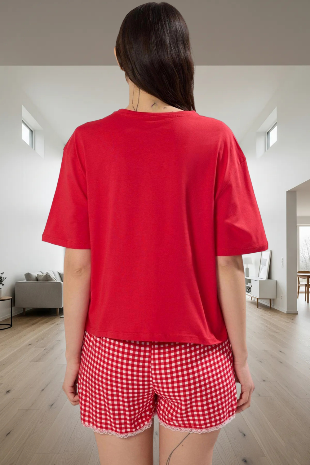 Viskoz Örme Pijama Takımı Ekose Desenli Dantel Detaylı Rahat Kalıp Premium Kalite