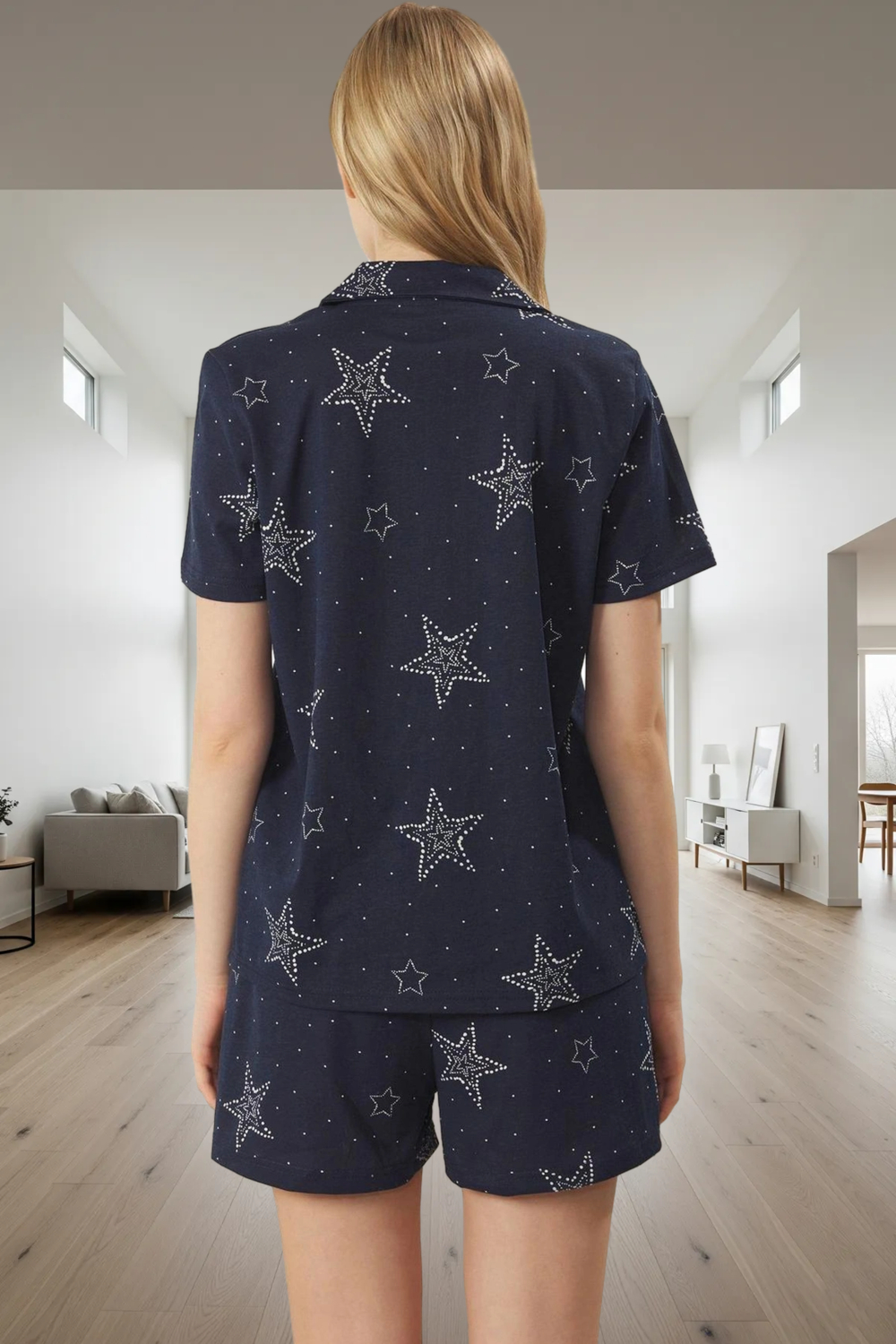 Rahat Yazlık Pijama Takımı Yıldız Desenli Örme Gömlek ve Şort Mükemmel Uyum Özel Tasarım