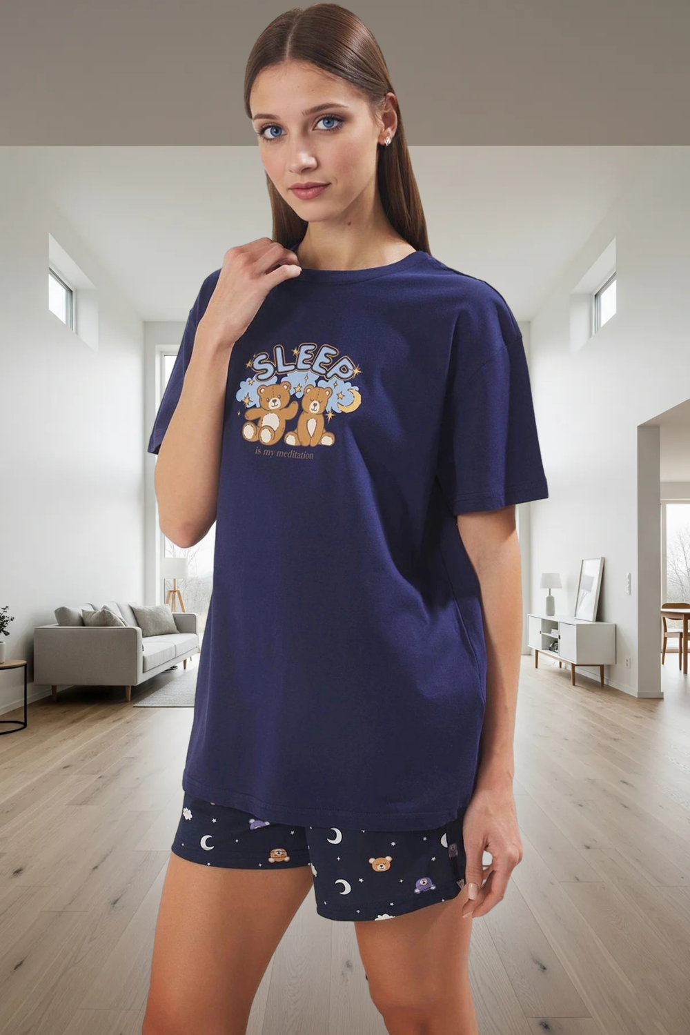 Yazlık %100 Pamuk Kadın Pijama Takımı Ayıcık ve Galaksi Baskılı Zarifane Tasarım Özenle Seçilmiş