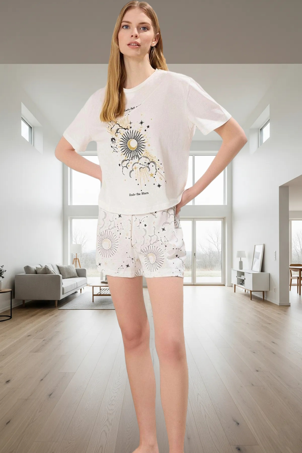 Rahat Kalıp Pijama Takımı %100 Pamuk Galaksi Desenli Yazlık Ve Şık Trend Tasarım