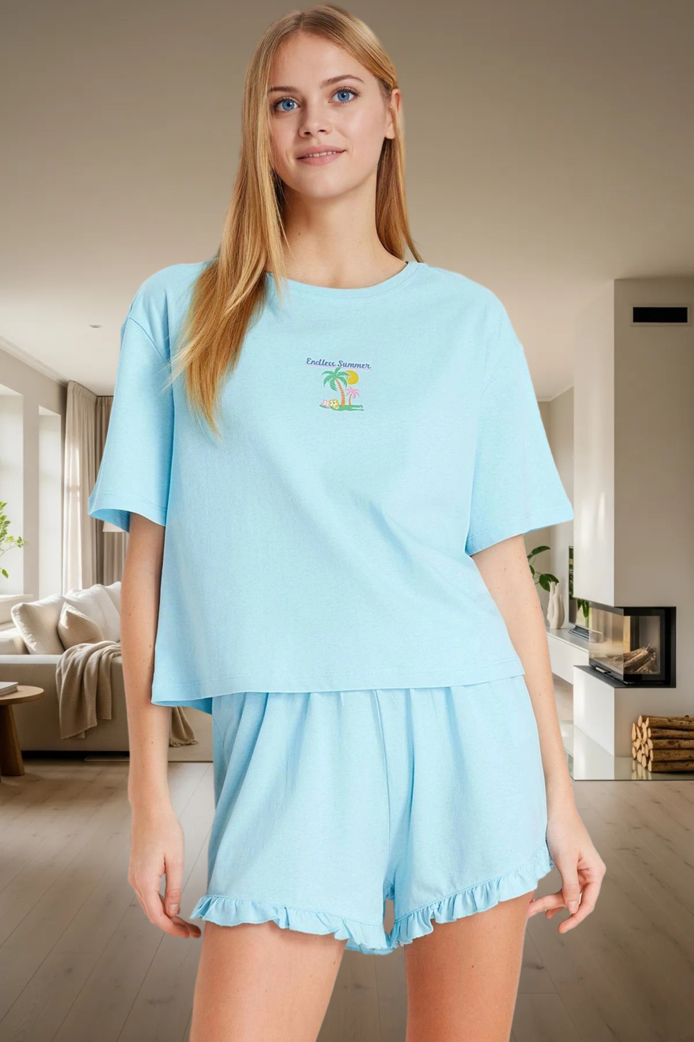 Rahat ve Şık Pamuklu Pijama Takımı Yazlık Örme Tasarım Dayanıklı Malzeme Görünüm