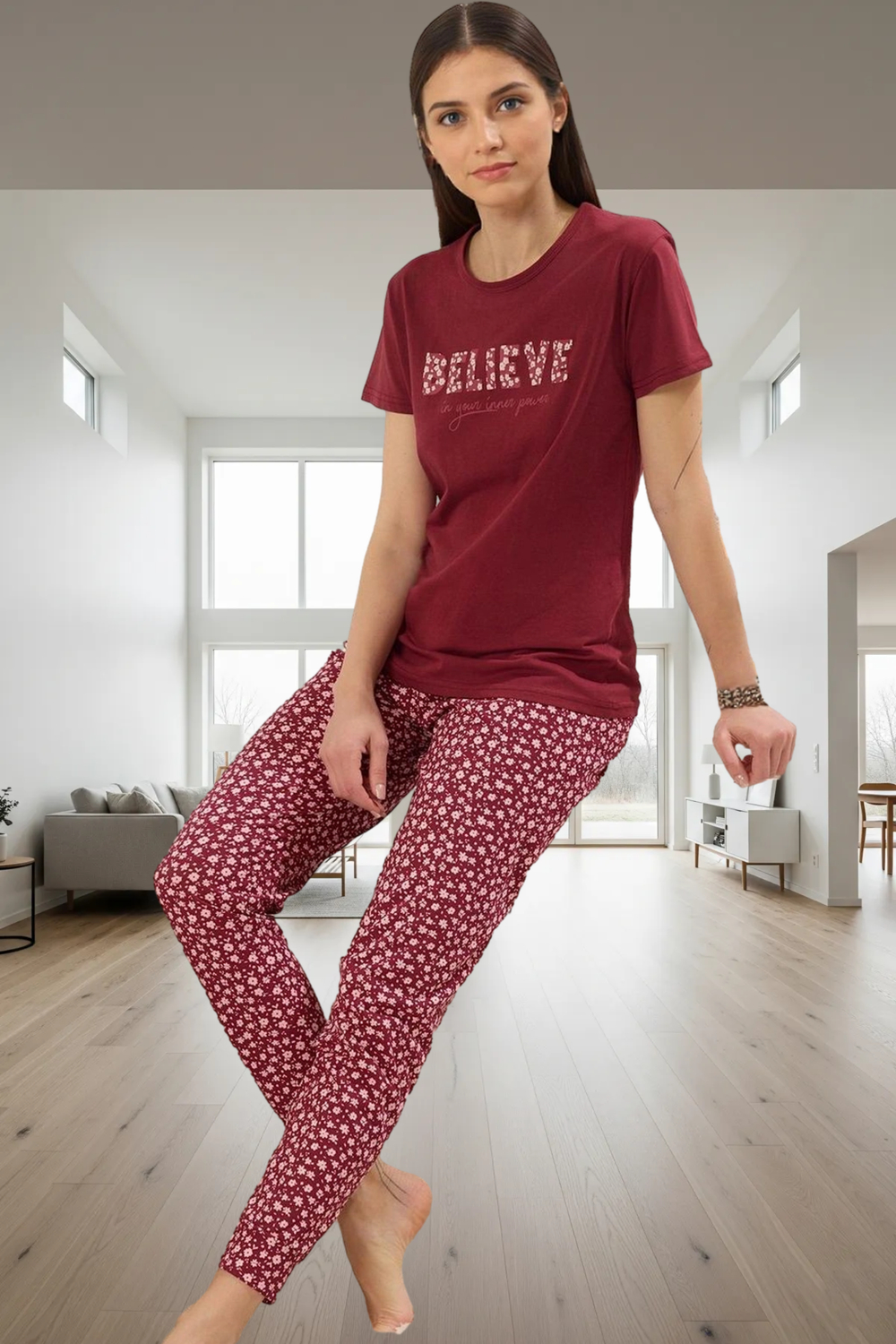 Çiçekli Desenli Pamuklu Pijama Takımı Regular Kalıp Ev Giyim Yüksek Kalite Şık Görünüm