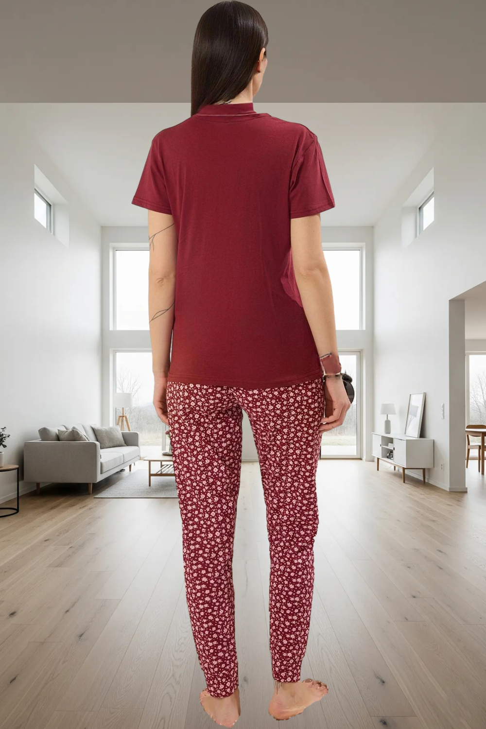 Çiçekli Desenli Pamuklu Pijama Takımı Regular Kalıp Ev Giyim Yüksek Kalite Şık Görünüm