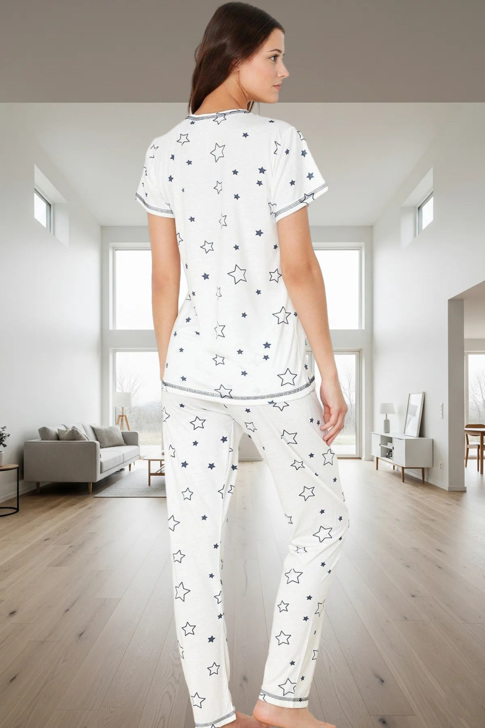 Rahat Yıldız Desenli Pijama Takımı %50 Polyester Viskoz Trend Tasarım Özel