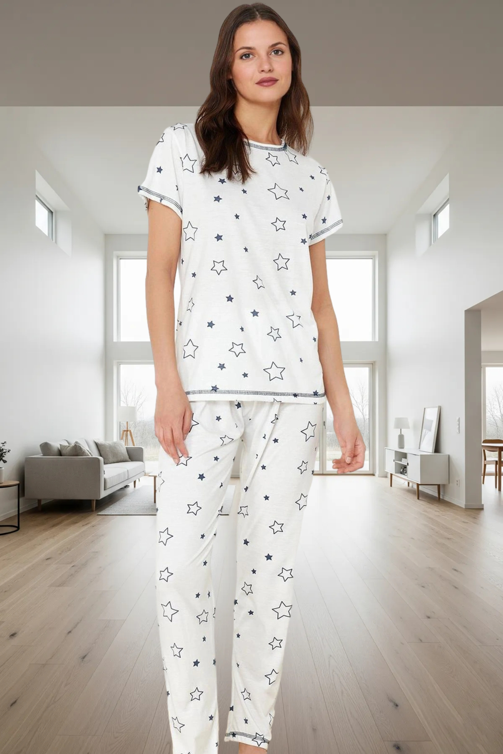 Rahat Yıldız Desenli Pijama Takımı %50 Polyester Viskoz Trend Tasarım Özel