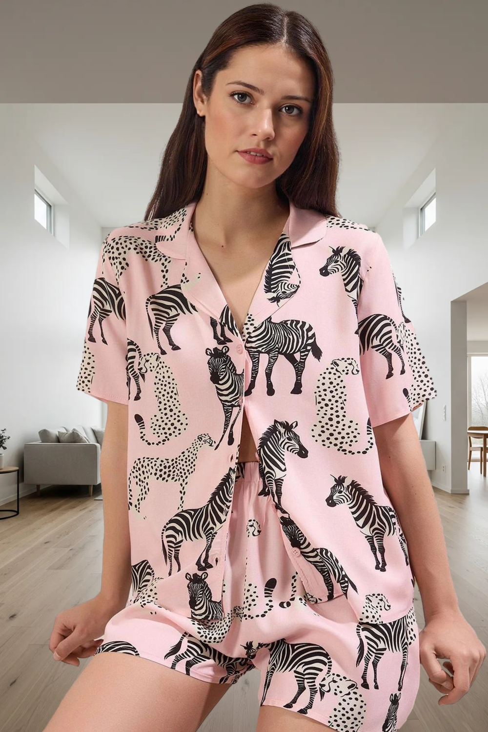 Rahat Yazlık Pijama Takımı Hayvan Desenli Viskoz Kumaş Modern Stil Kaliteli İşçilik