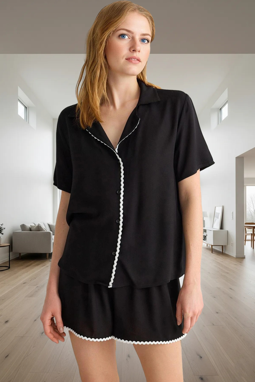 Rahat Viskon Pijama Takımı Şerit Detaylar Yazlık Homewear Ve Şık Özenle Seçilmiş