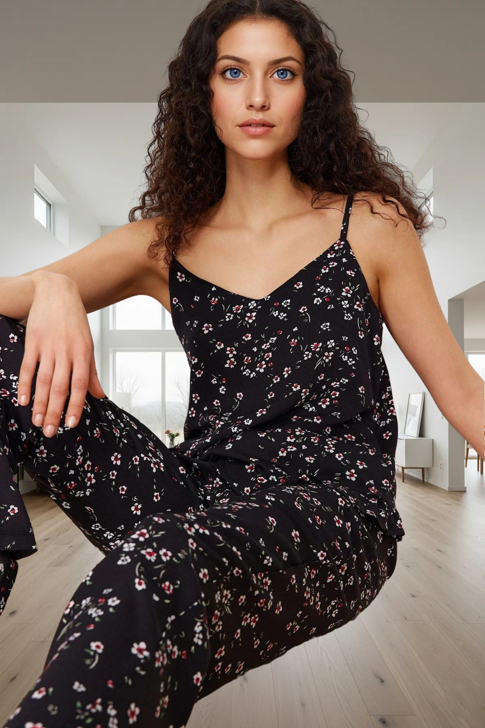 Rahat Kalıp Çiçek Desenli Viskoz Pijama Takımı Evde Konfor Konforlu Kesim Ve Şık