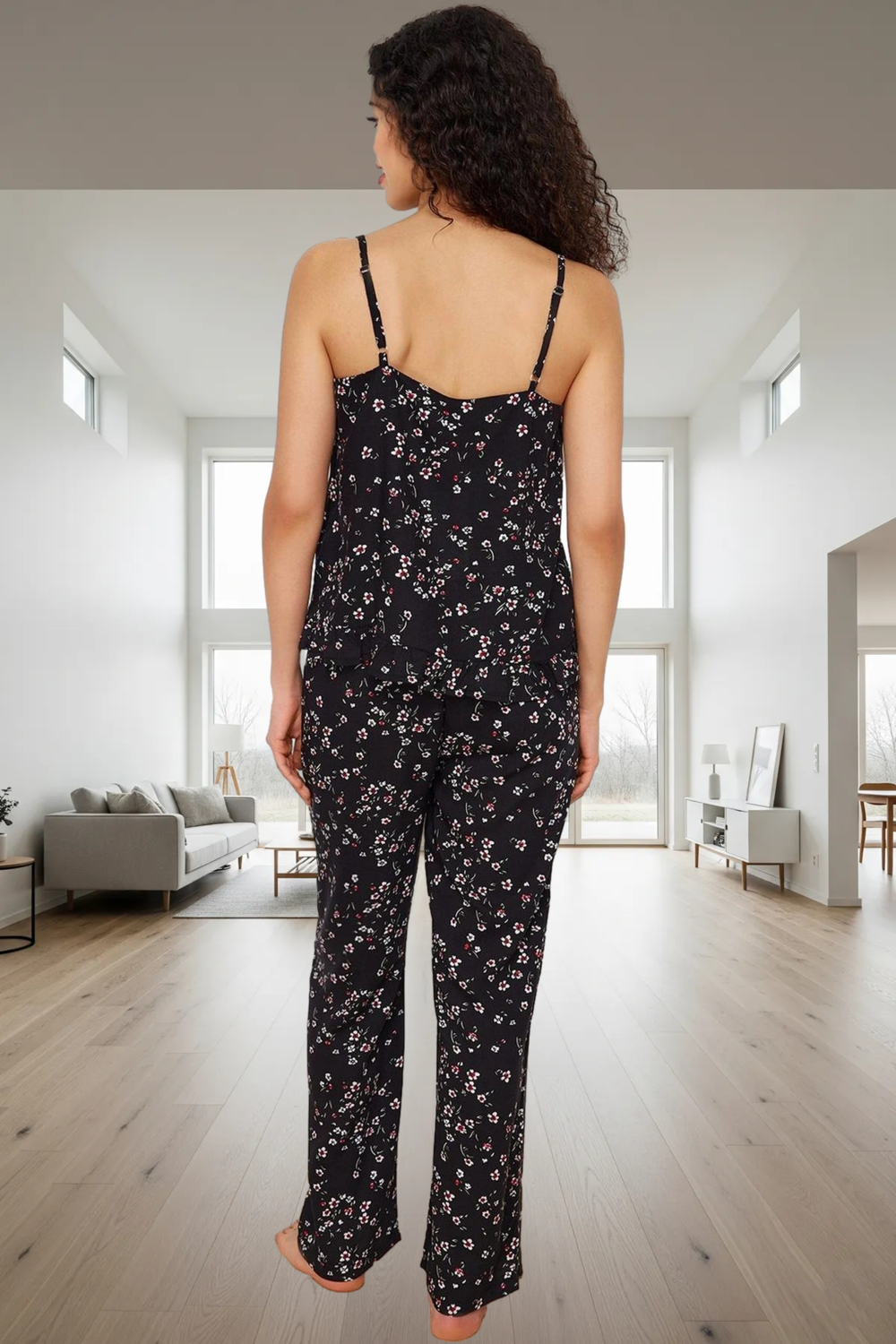Rahat Kalıp Çiçek Desenli Viskoz Pijama Takımı Evde Konfor Konforlu Kesim Ve Şık