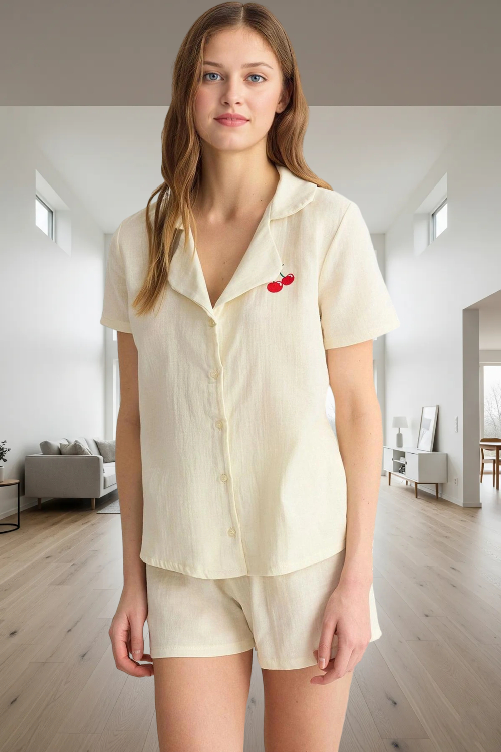 Kadın Lila Papatya Nakışlı Gömlek ve Şort Pijama Takımı Fonksiyonel Dayanıklı Kaliteli Şık