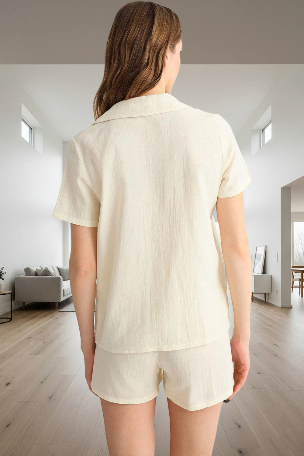 Kadın Lila Papatya Nakışlı Gömlek ve Şort Pijama Takımı Fonksiyonel Dayanıklı Kaliteli Şık