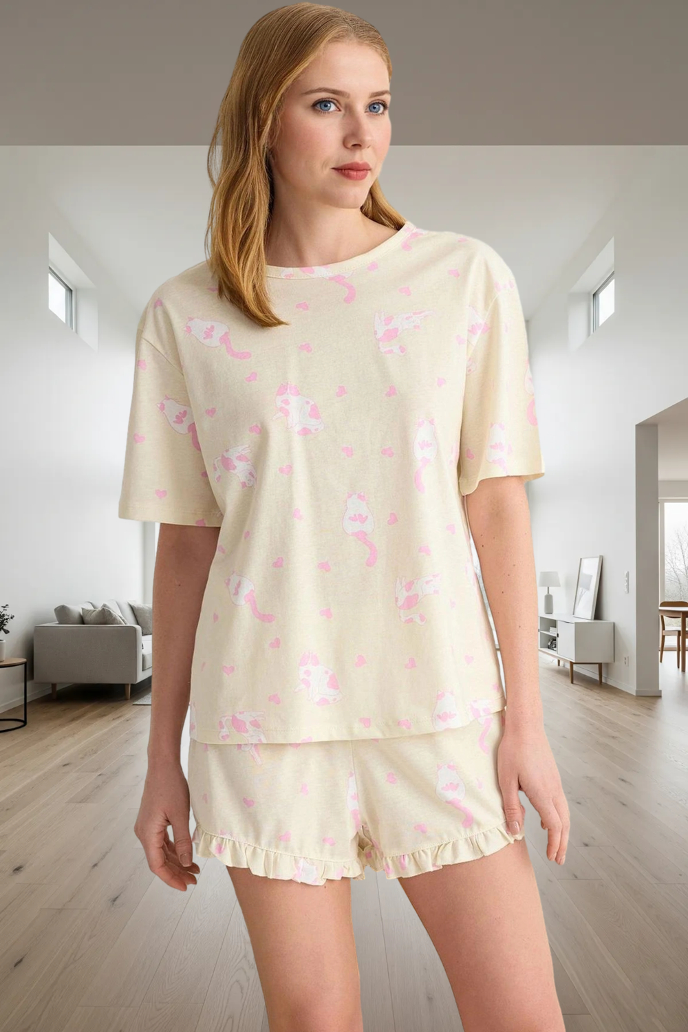 Rahat %100 Pamuklu Pijama Takımı Kedi Desenli Şort ve Tişört Zarifane Tasarım Kullanım