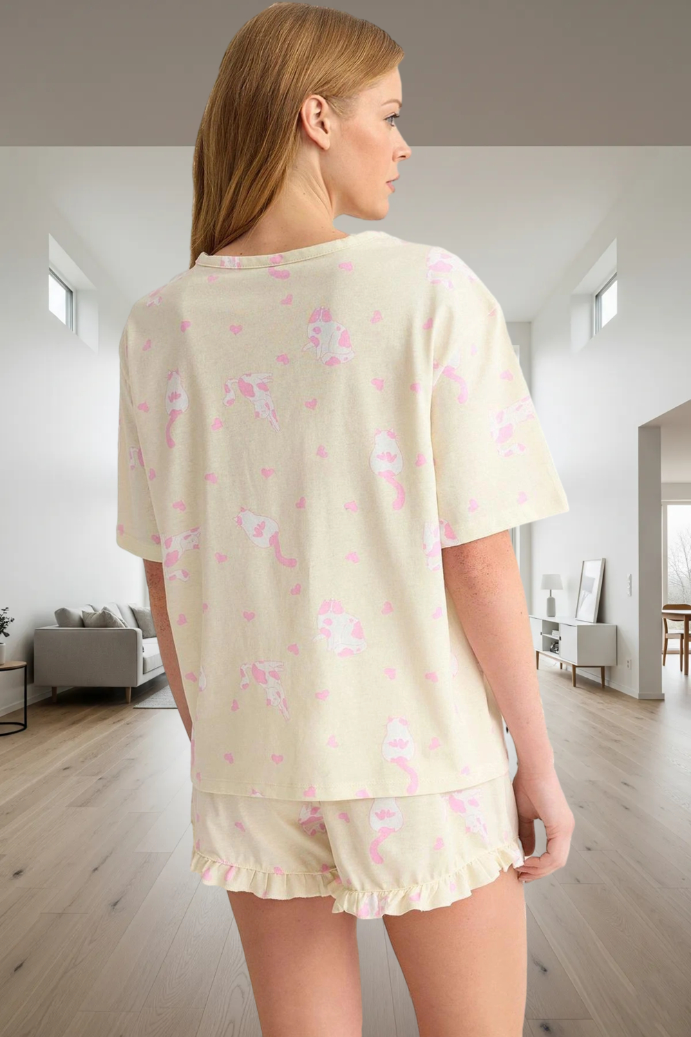 Rahat %100 Pamuklu Pijama Takımı Kedi Desenli Şort ve Tişört Zarifane Tasarım Kullanım