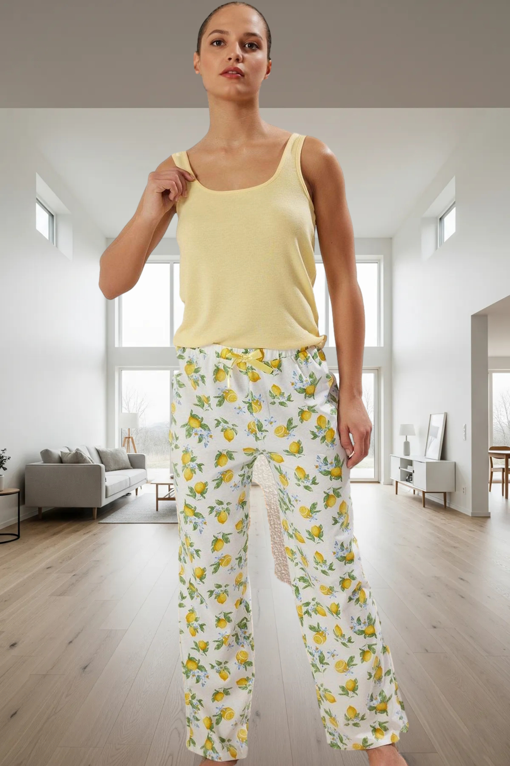 Nefes Alan Örme Pijama Limon Desenli Atlet ve Boru Paça Pantolon Rahat Kullanım Trend Tasarım