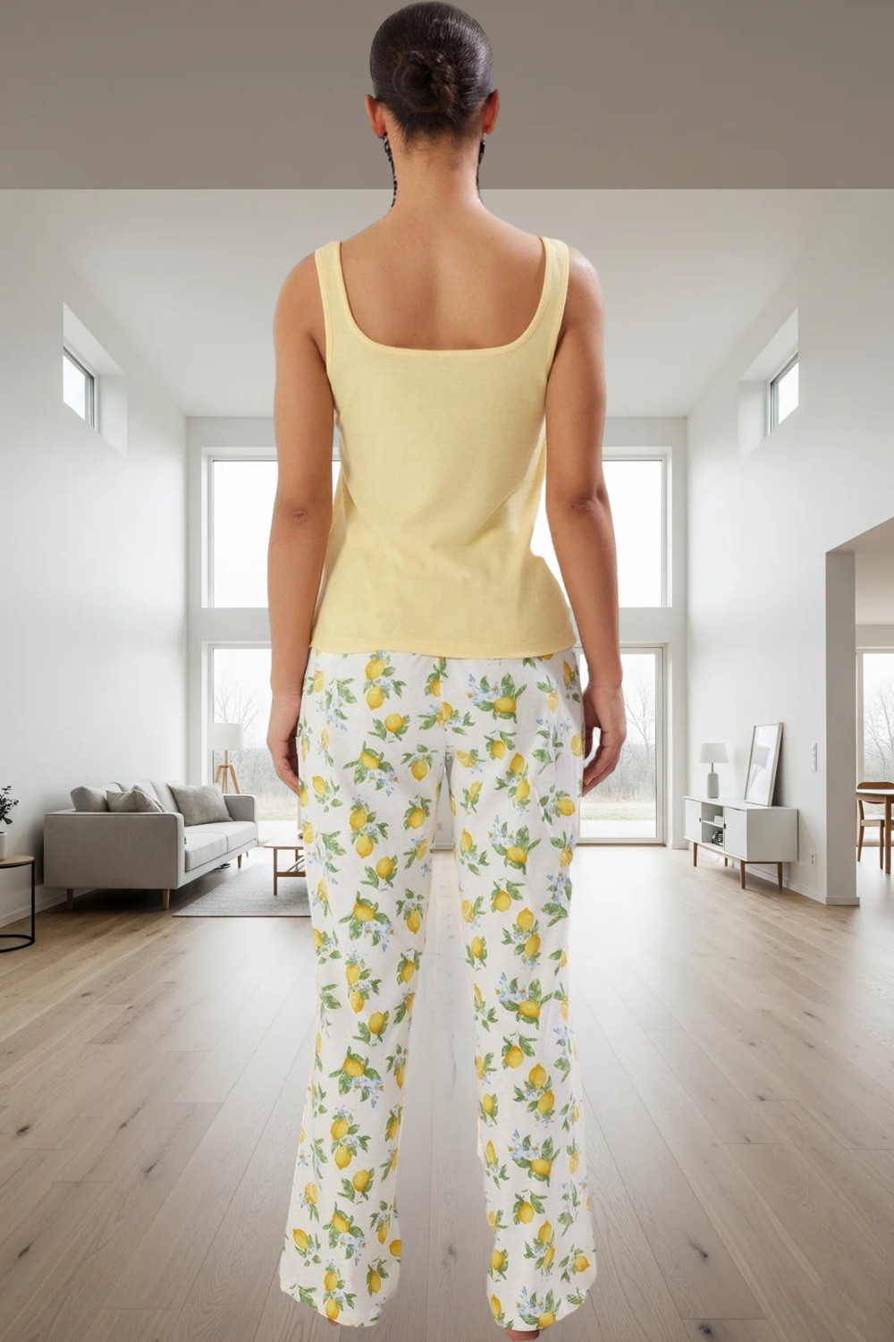 Nefes Alan Örme Pijama Limon Desenli Atlet ve Boru Paça Pantolon Rahat Kullanım Trend Tasarım