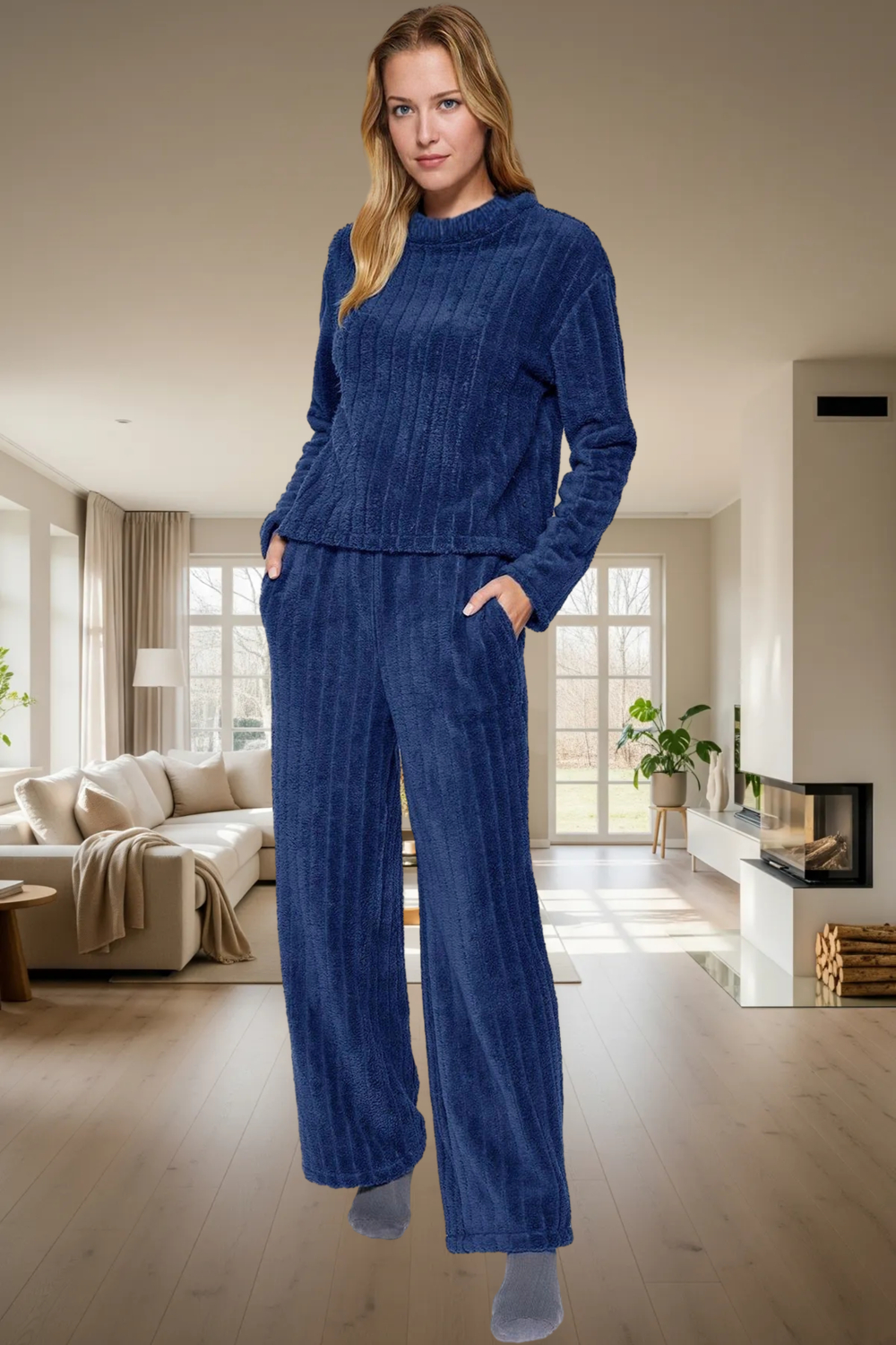 Kadın Wellsoft Pijama Takımı Kışlık Örme Çizgili Rahat Dayanıklı Malzeme