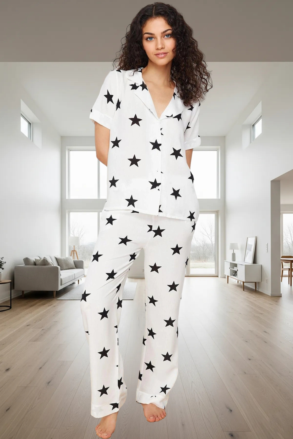 Kadın Yıldız Desenli Viskoz Pijama Takımı Rahat Shally Dokuma Geniş Paça Premium Kalite Özel Tasarım