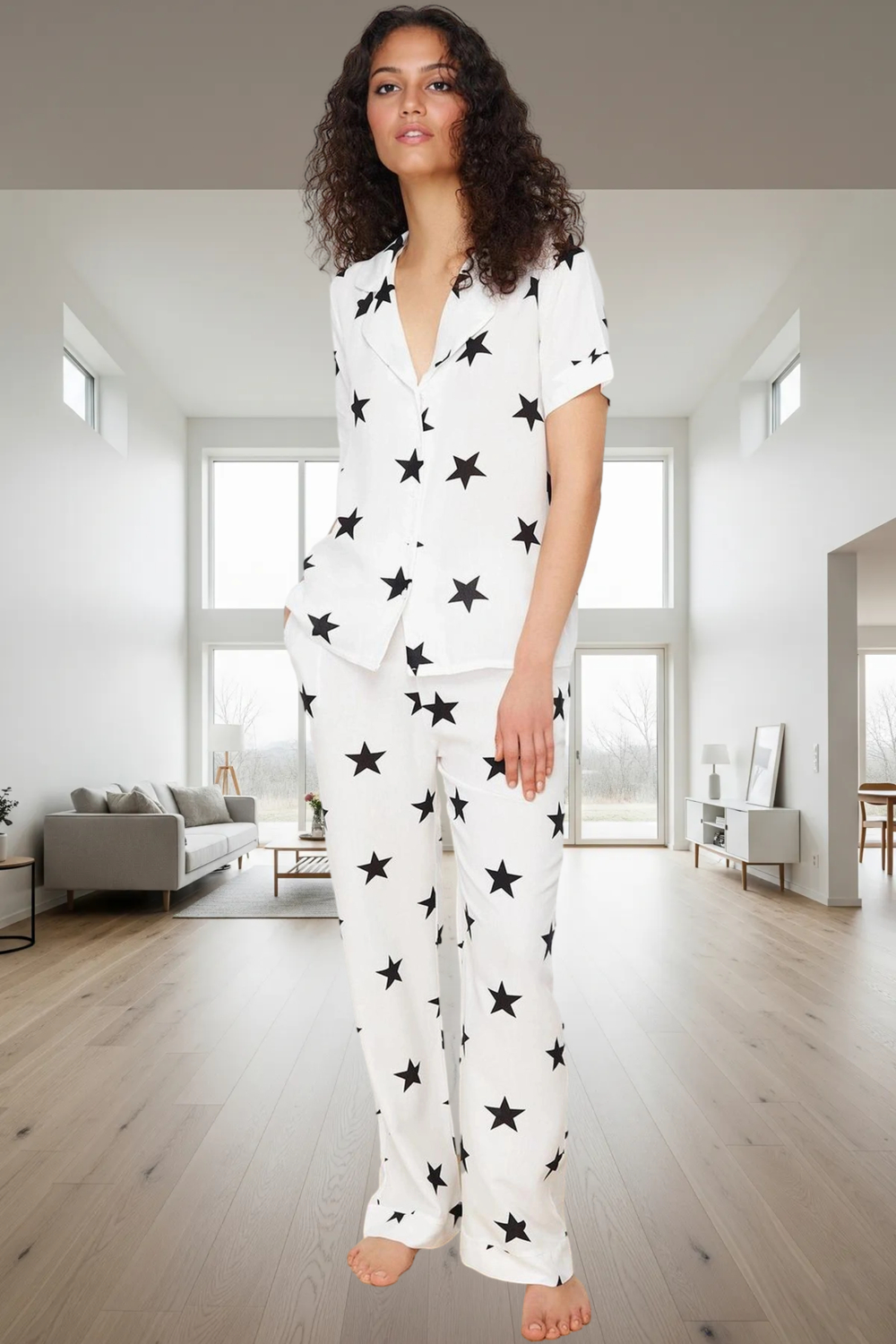 Kadın Yıldız Desenli Viskoz Pijama Takımı Rahat Shally Dokuma Geniş Paça Premium Kalite Özel Tasarım