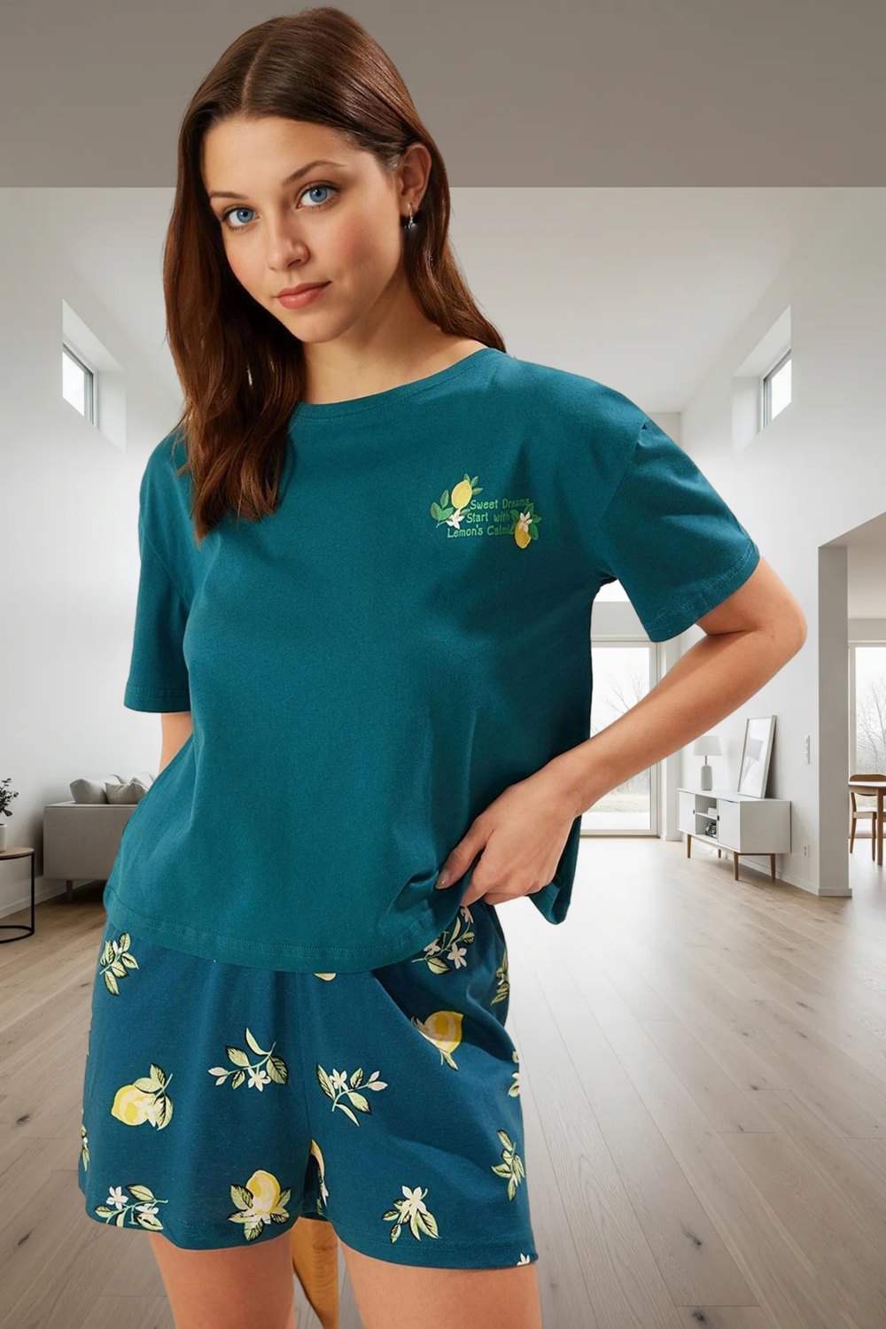 Kadın Yazlık Limon Desenli Pamuklu Pijama Takımı Rahat Kalıp Zarif Tasarım Özenle Seçilmiş