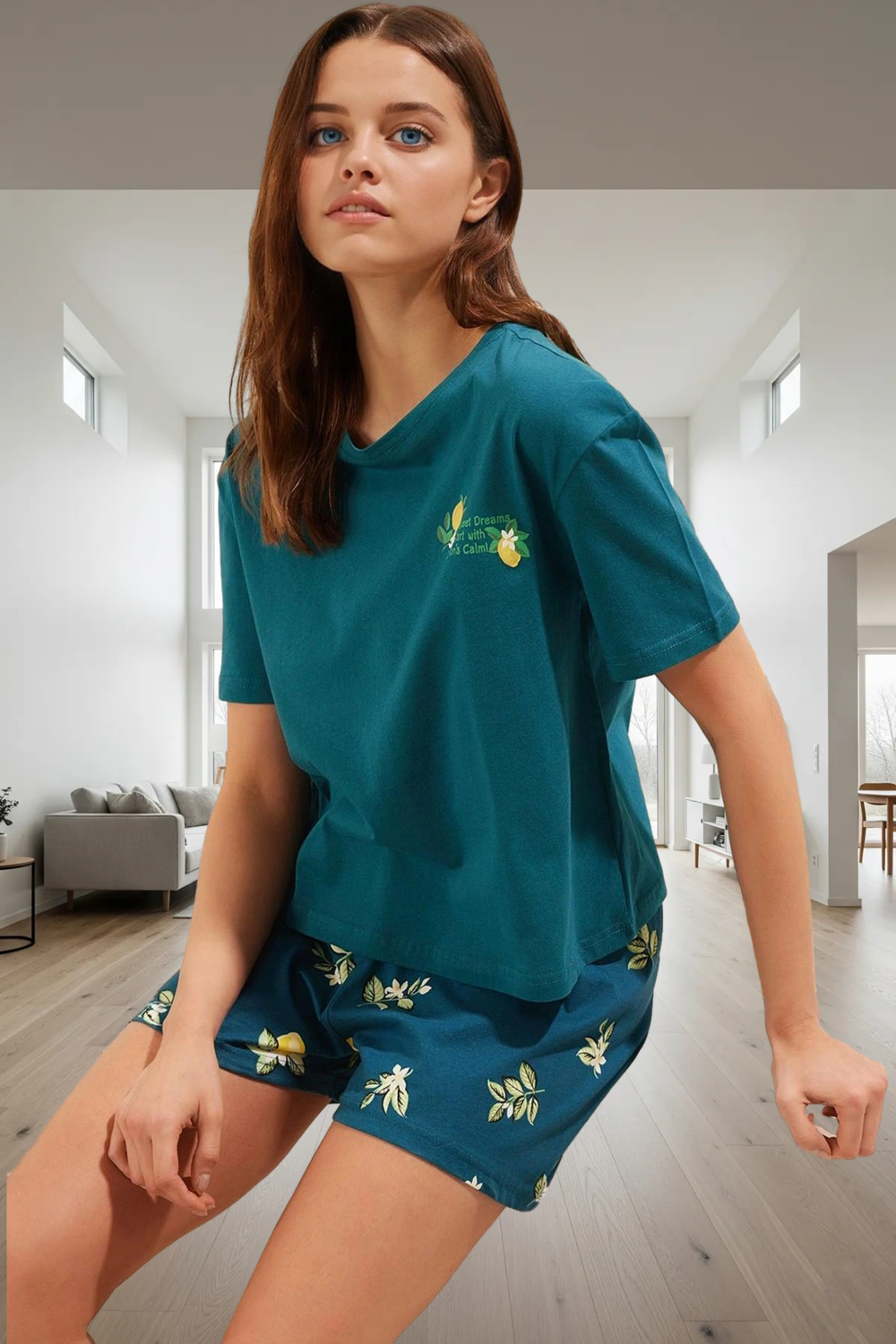 Kadın Yazlık Limon Desenli Pamuklu Pijama Takımı Rahat Kalıp Zarif Tasarım Özenle Seçilmiş