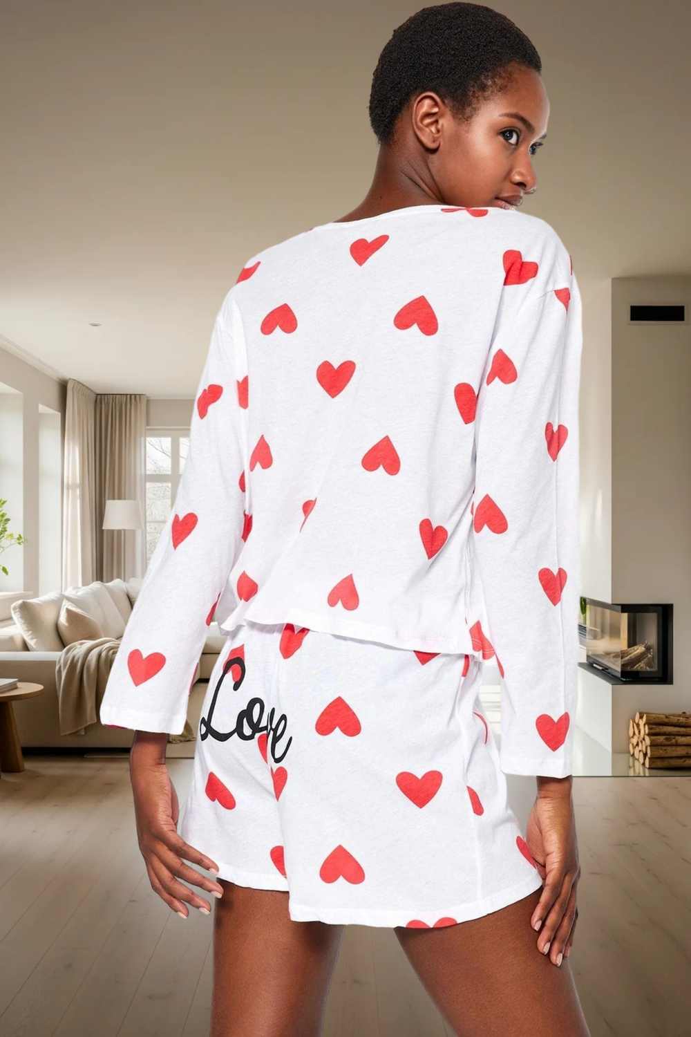 Kadın Kalpli Desenli Pamuklu Pijama Takımı Rahat Kalıp Uzun Kollu Homewear Trend Tasarım Kullanım