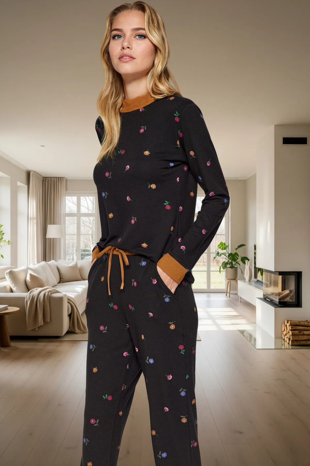 Rahat Kesim %100 Pamuk Çiçek Desenli Pijama Takımı Modern Stil Günlük Kullanım İçin