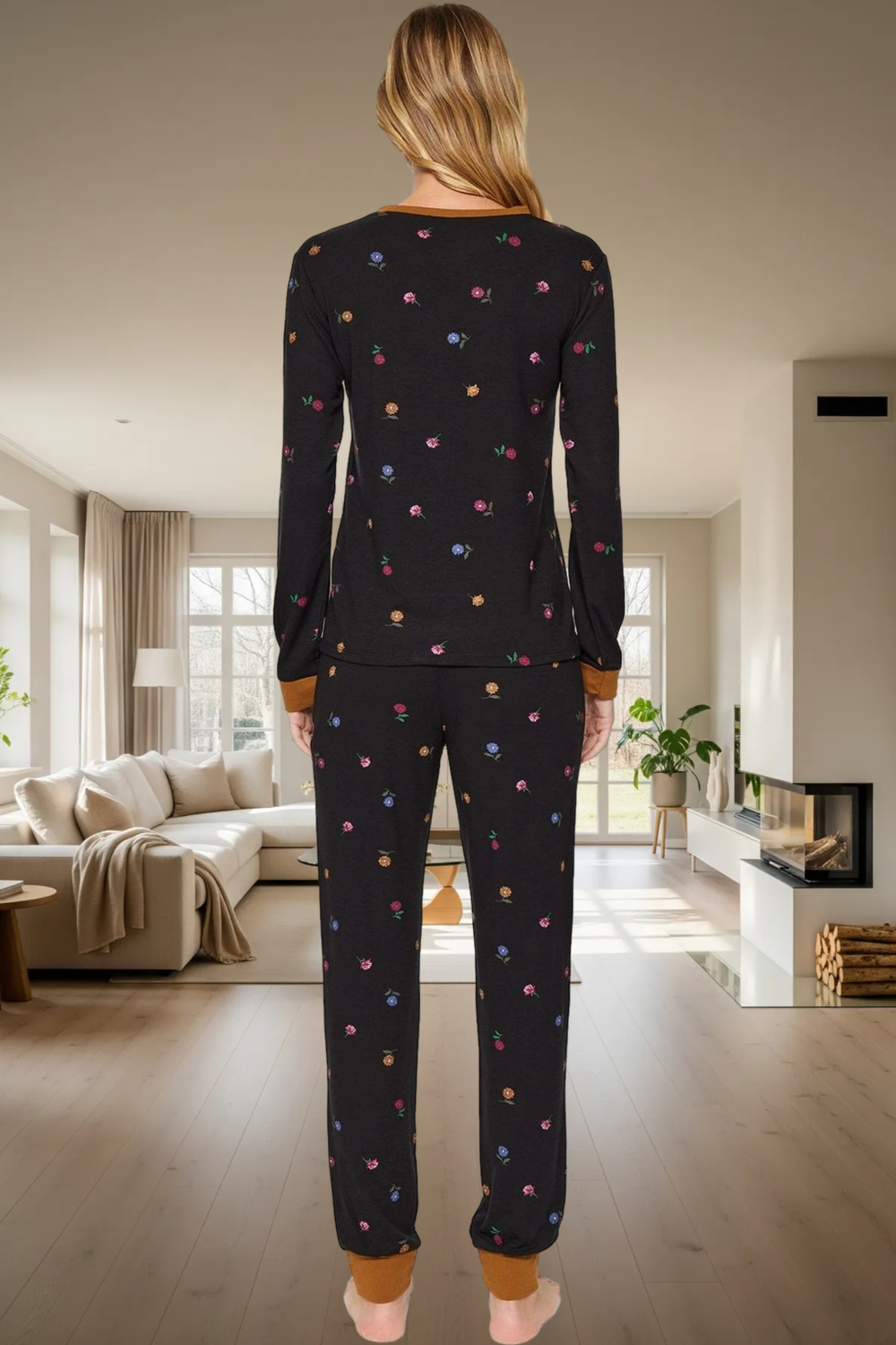 Rahat Kesim %100 Pamuk Çiçek Desenli Pijama Takımı Modern Stil Günlük Kullanım İçin