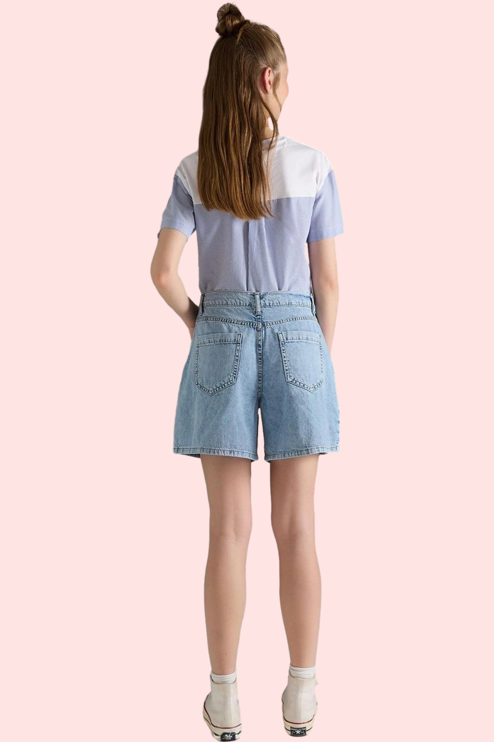 Kadın Yüksek Bel Pileli Denim Bermuda Şort Pamuk Yaz Aylarının Vazgeçilmezi Günlük Kullanım