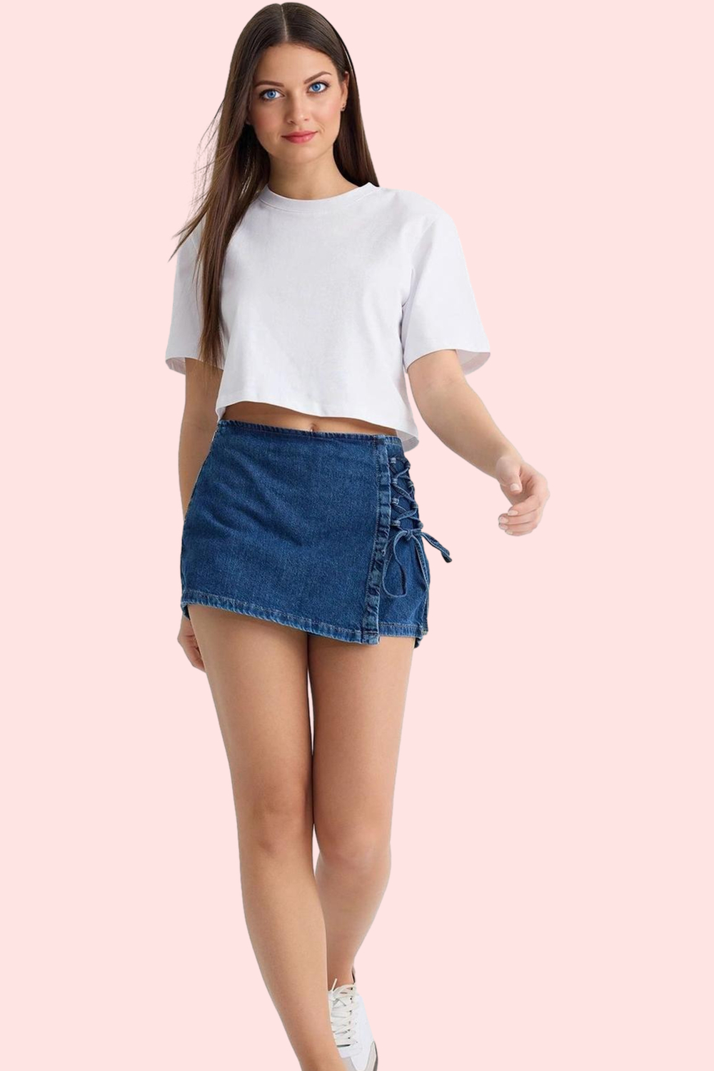 Kadın Pamuklu Kısa Boy Denim Şort Etek Düz Desen Normal Bel Bağcıklı Yaz Aylarının Vazgeçilmezi
