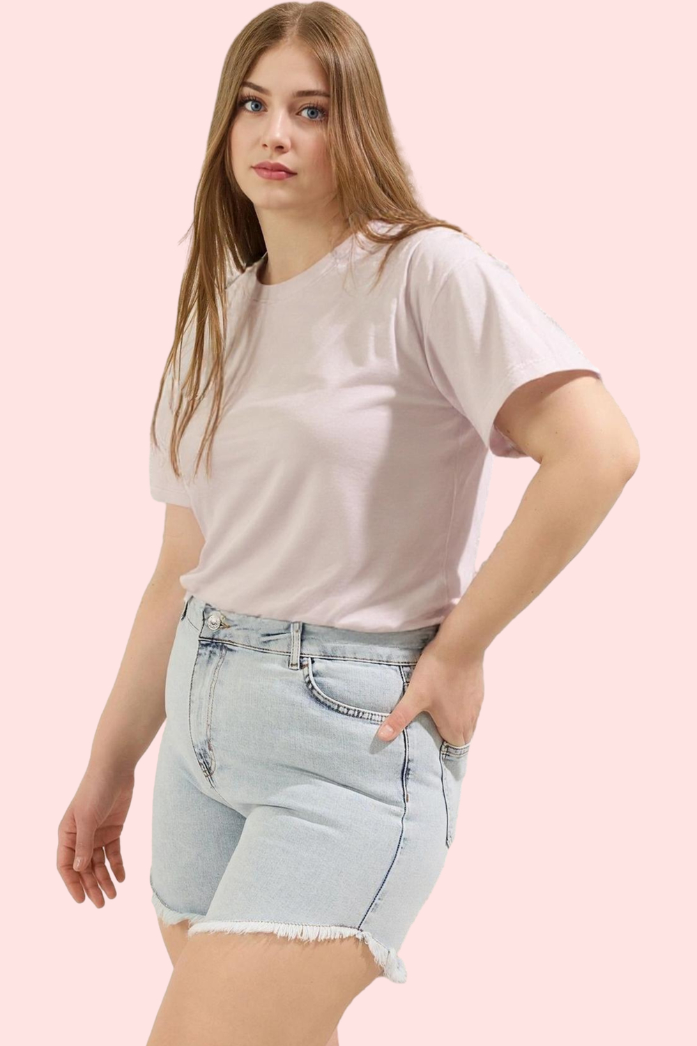 Kadın Yüksek Bel Esnek Pamuklu Denim Şort Buz Mavisi Casual Yaz Kombinleri Günlük Kullanım