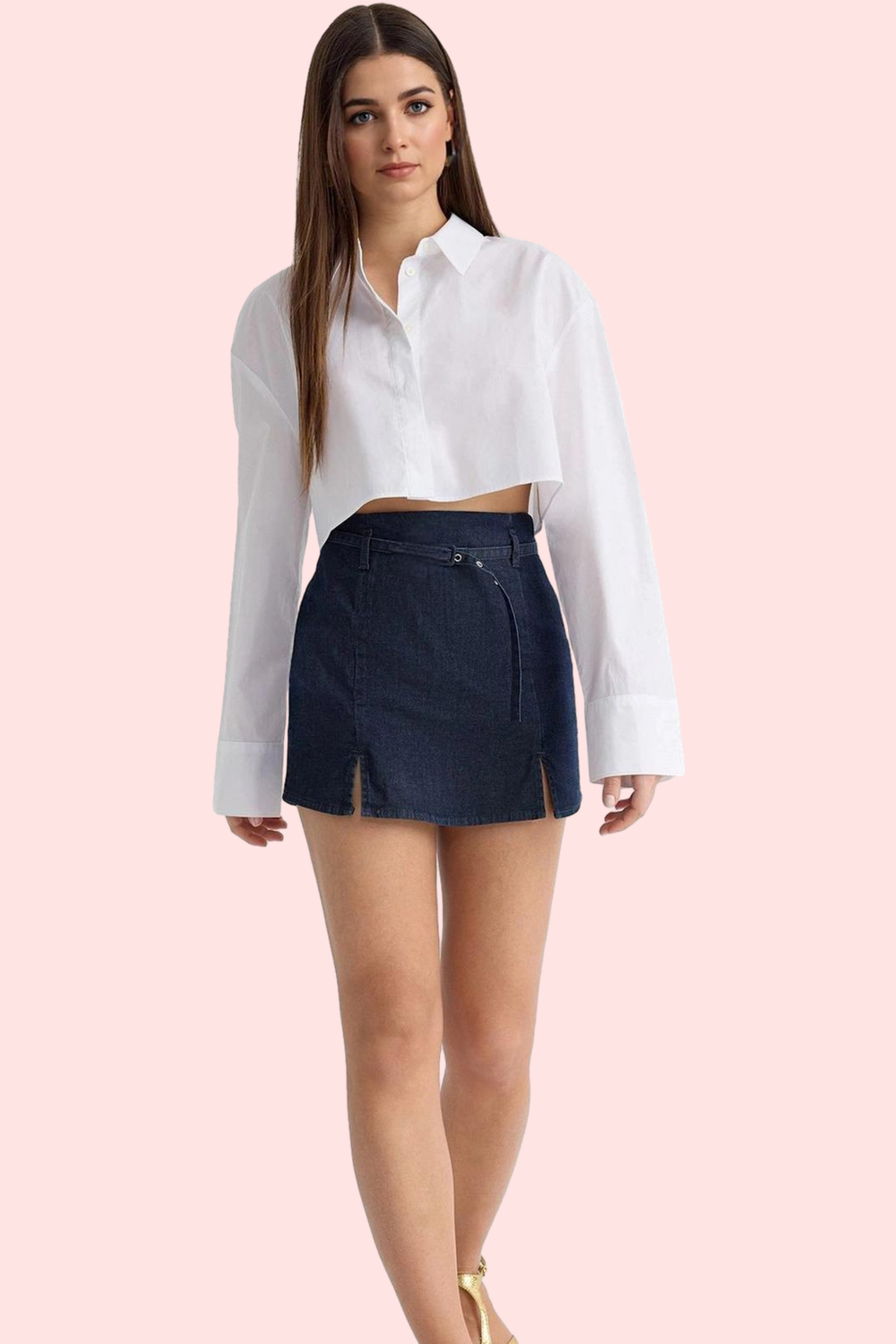 Kadın Yüksek Bel Kemerli Denim Şort Etek Boru Paça Düz Desen Günlük Stil Dayanıklı Malzeme