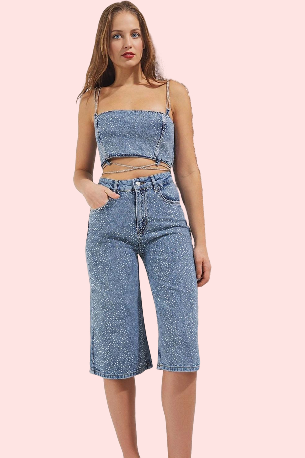 Kadın Kapri Boy Denim Bermuda Şort Pamuk Yüksek Bel Tasarım Günlük Ve Özel Günler Hafta Sonu