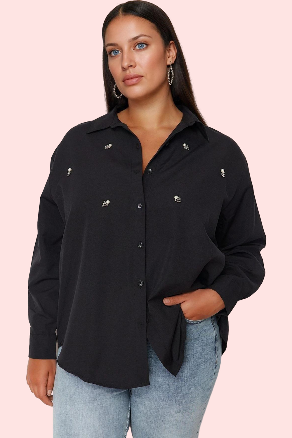 Kadın Büyük Beden Poplin Gömlek Taş Detaylı Günlük Kullanım Hafta Sonu Yaz Aylarının Vazgeçilmezi