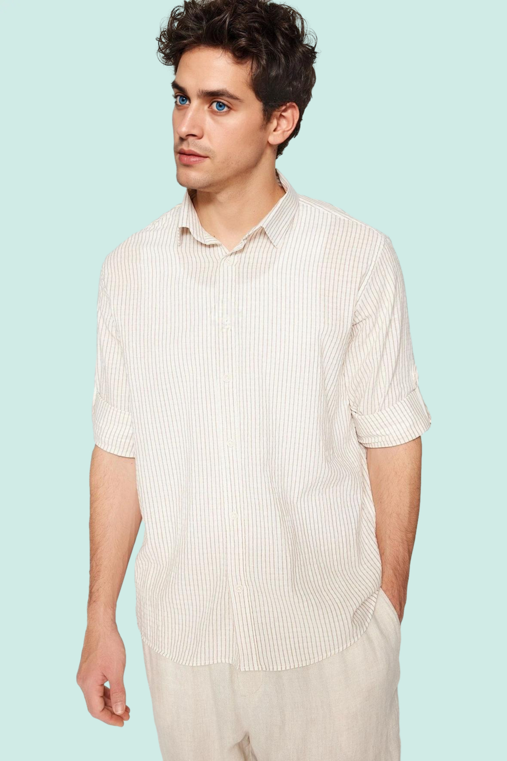 Erkek Casual Keten Karışımlı Çizgili Gömlek Regular Fit Yaka Uzun Kollu Yaz Aylarının Vazgeçilmezi