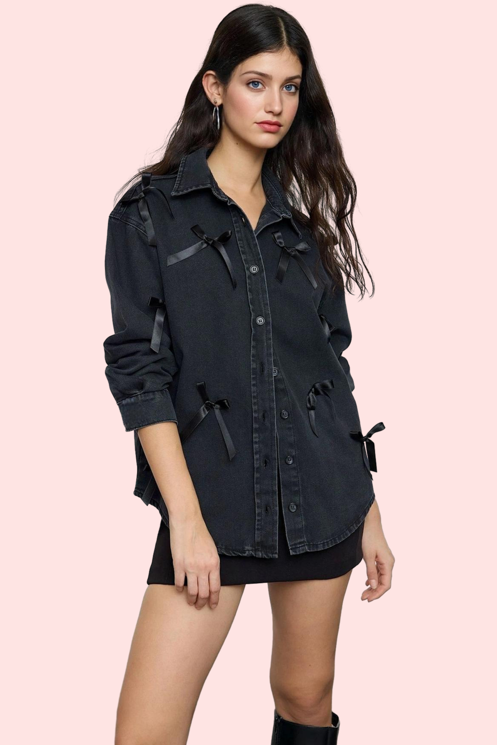 Kadın Oversize Denim Gömlek Fiyonklu Detaylar Pamuklu Günlük Stil Yaz Aylarının Vazgeçilmezi