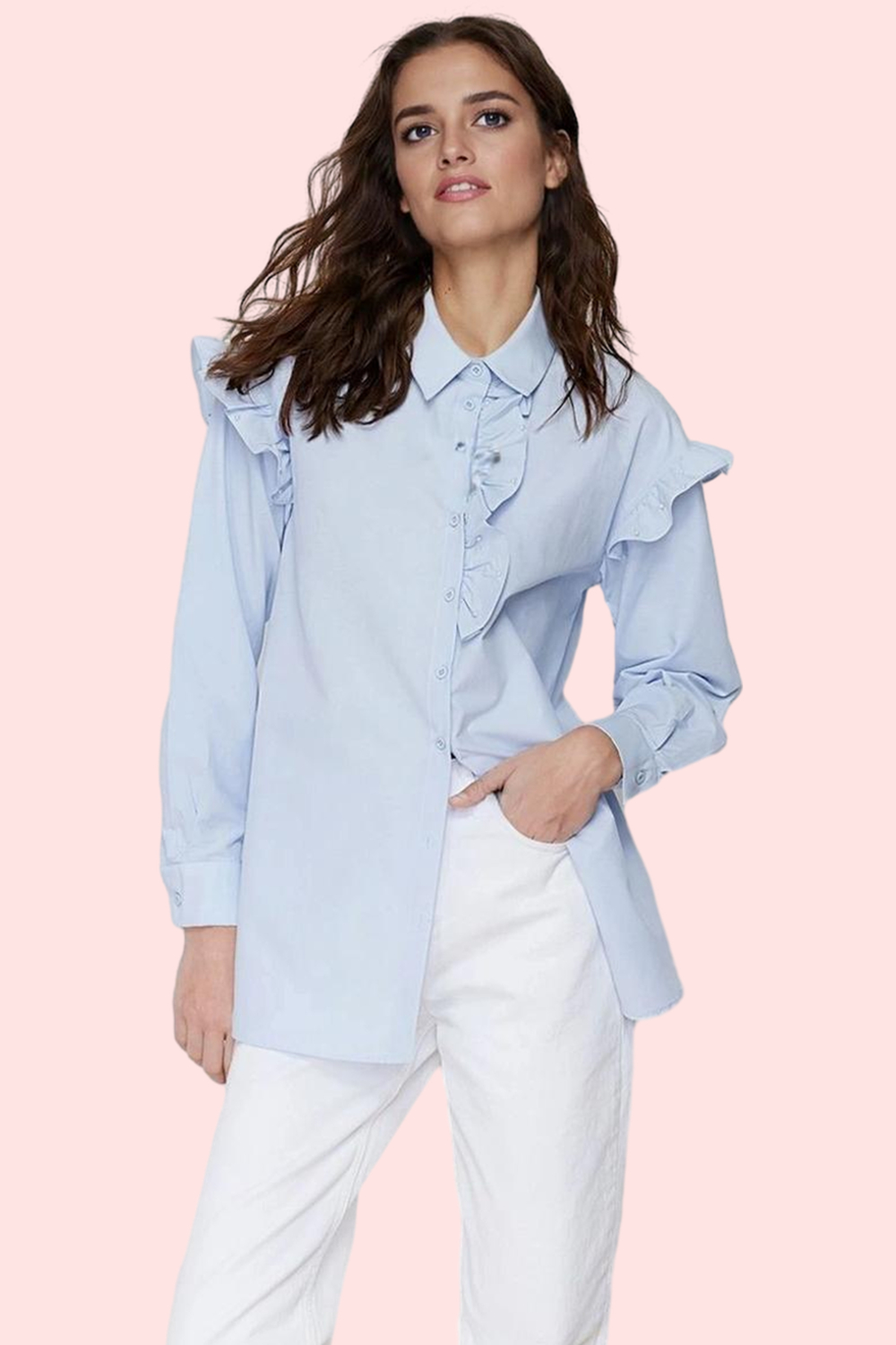 Kadın Omuzlarda İncili Relaxed Fit Uzun Kollu Poplin Gömlek Günlük Kullanım Modern Tasarım