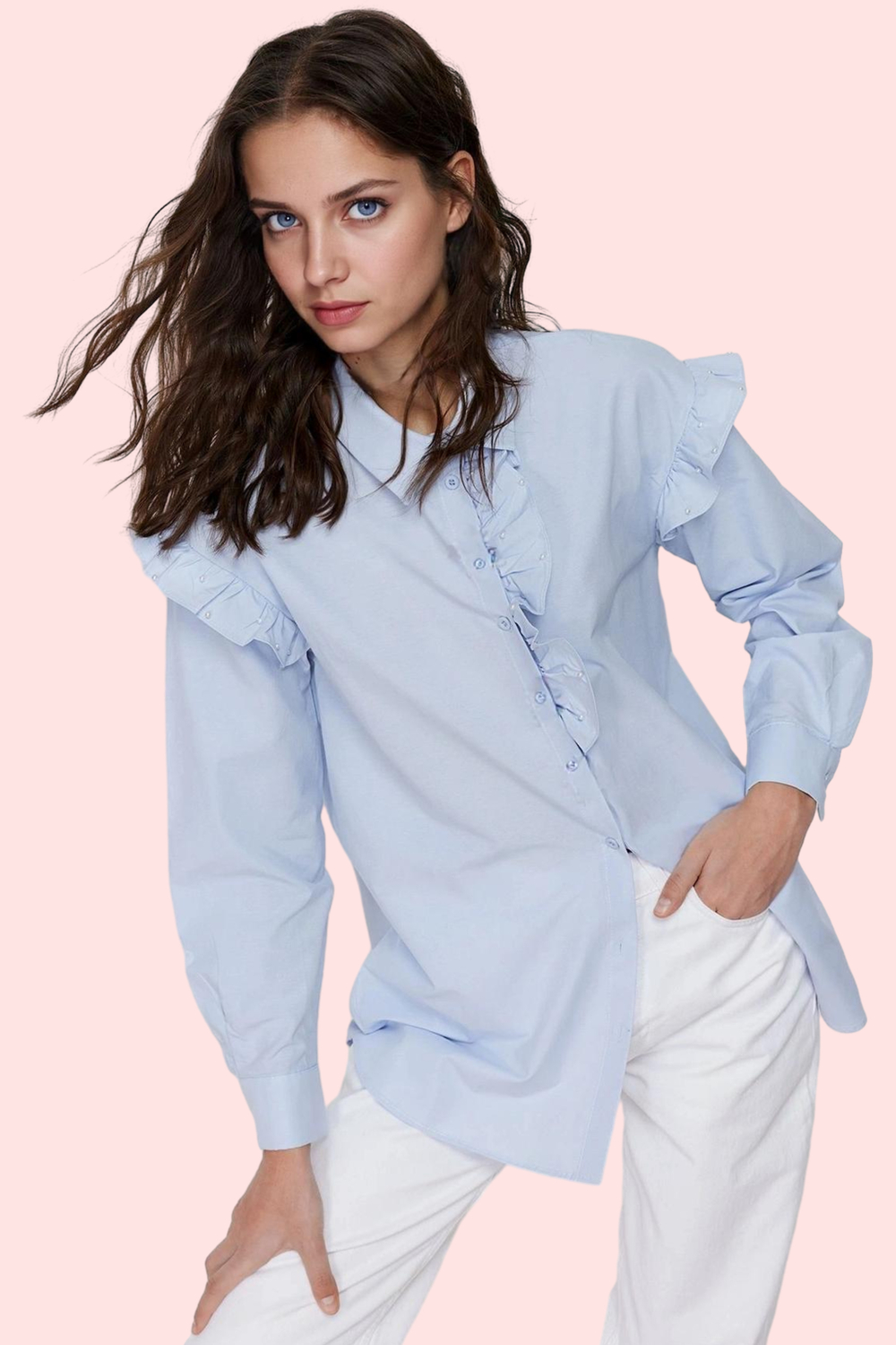 Kadın Omuzlarda İncili Relaxed Fit Uzun Kollu Poplin Gömlek Günlük Kullanım Modern Tasarım