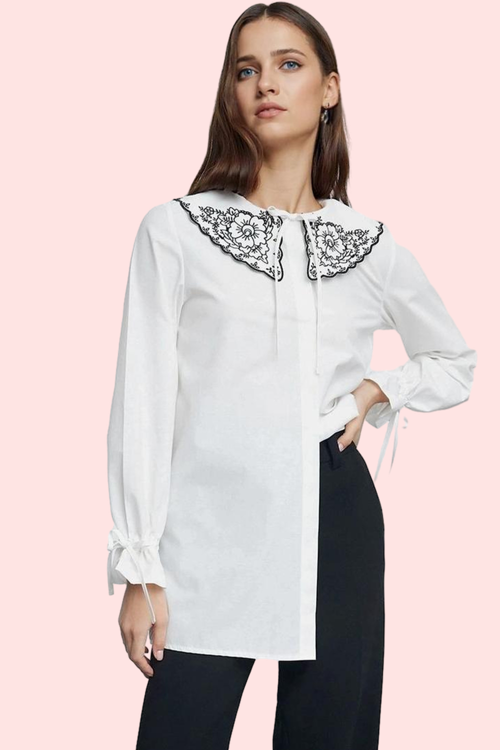 Kadın Tunik Gömlek Nakışlı Bebe Yaka Uzun Kollu Polyester Günlük Yaz Aylarının Vazgeçilmezi