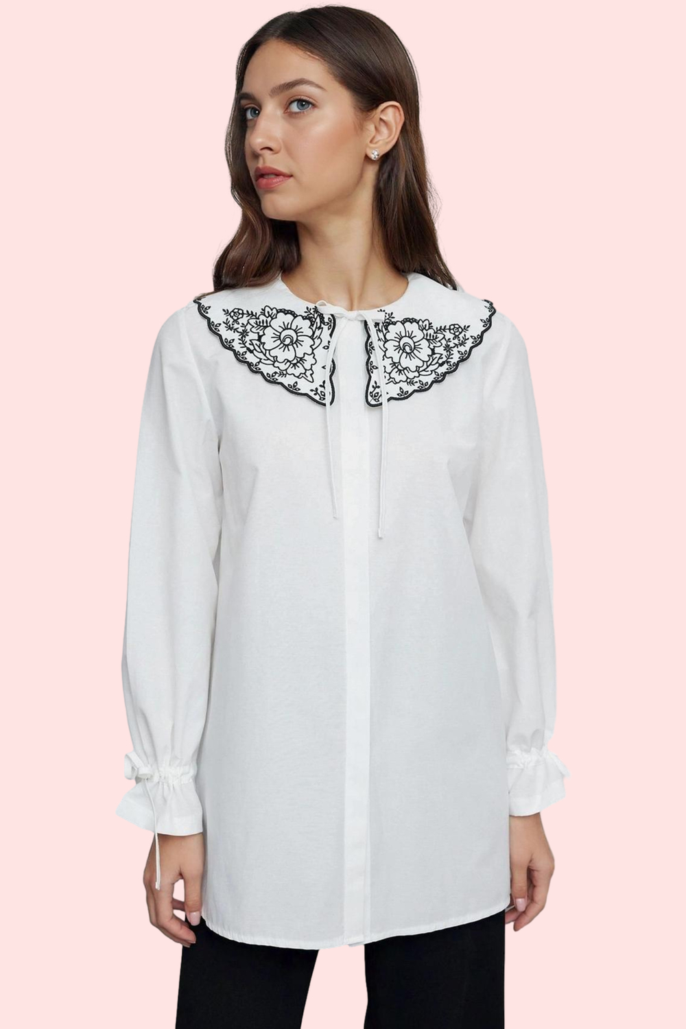 Kadın Tunik Gömlek Nakışlı Bebe Yaka Uzun Kollu Polyester Günlük Yaz Aylarının Vazgeçilmezi