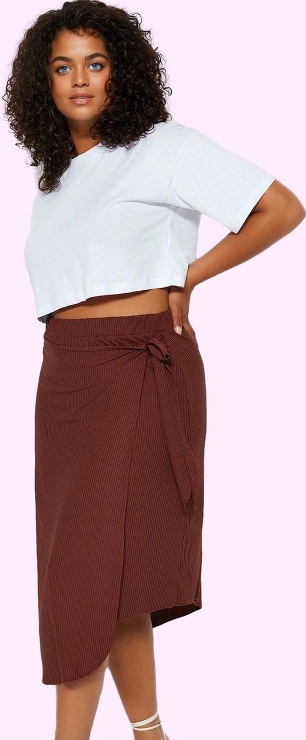 Moda Büyük Beden Relaxed Düz Desen Günlük Midi Boy Anvelop Yandan Bağlamalı Örme Etek