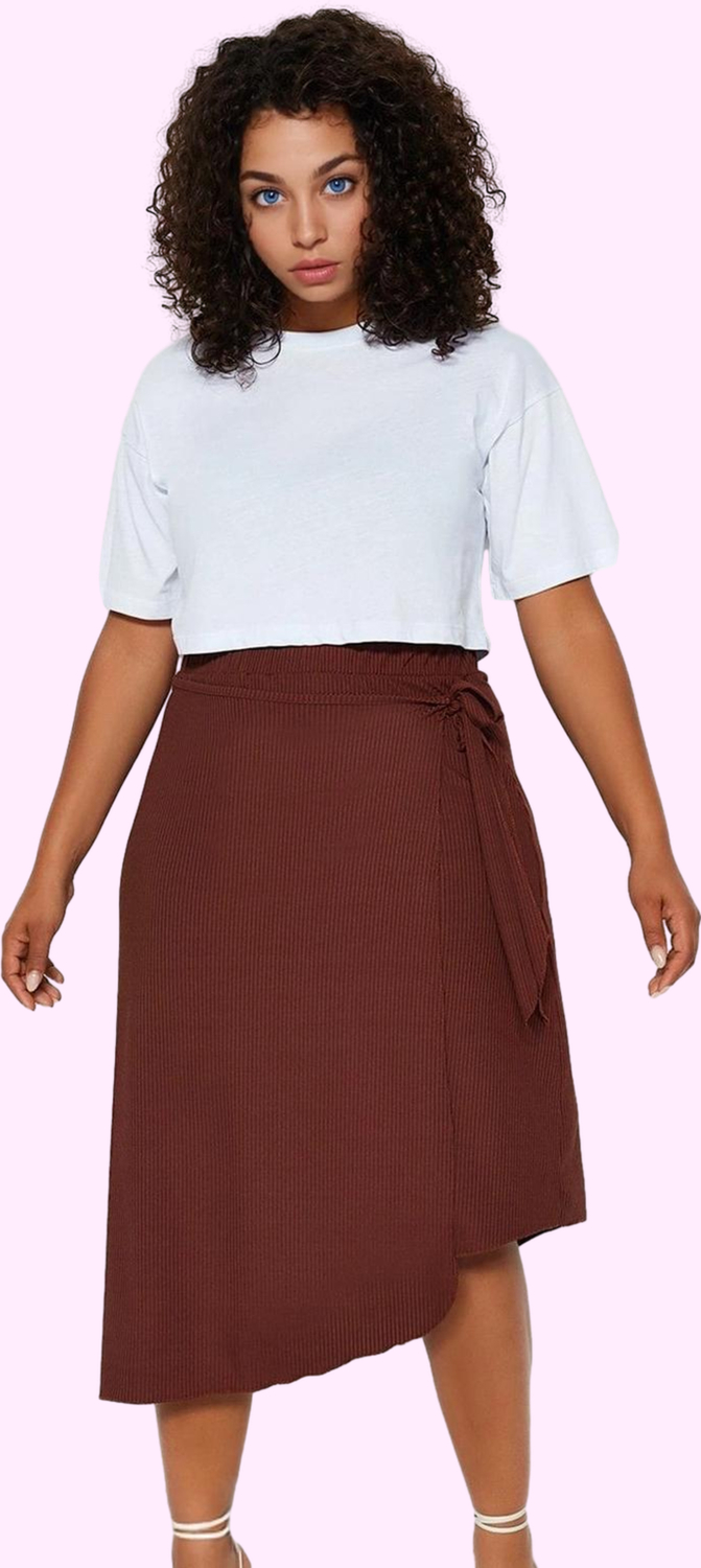 Moda Büyük Beden Relaxed Düz Desen Günlük Midi Boy Anvelop Yandan Bağlamalı Örme Etek