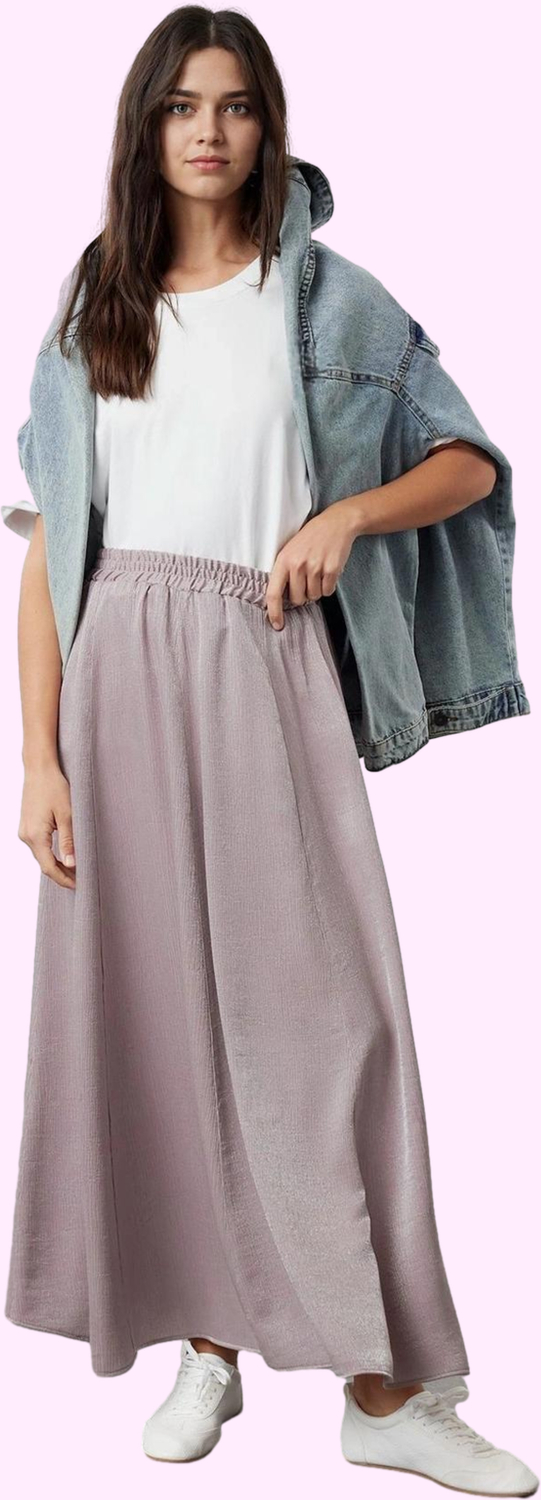 Kadın Yazlık Maxi Etek; Renk Saten Dokuma Kemerli Relaxed Fit Günlük Kullanım Modern Tasarım