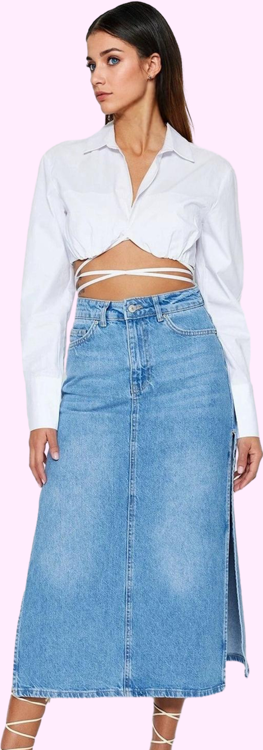 Kadın Denim Maxi Etek Pamuk Yüksek Bel Yırtmaçlı Casual Stil Günlük Kullanım Modern Tasarım