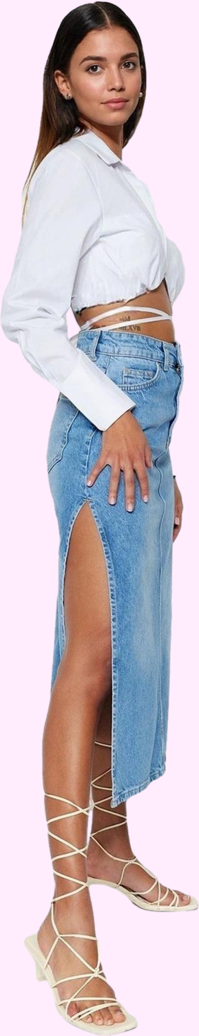 Kadın Denim Maxi Etek Pamuk Yüksek Bel Yırtmaçlı Casual Stil Günlük Kullanım Modern Tasarım